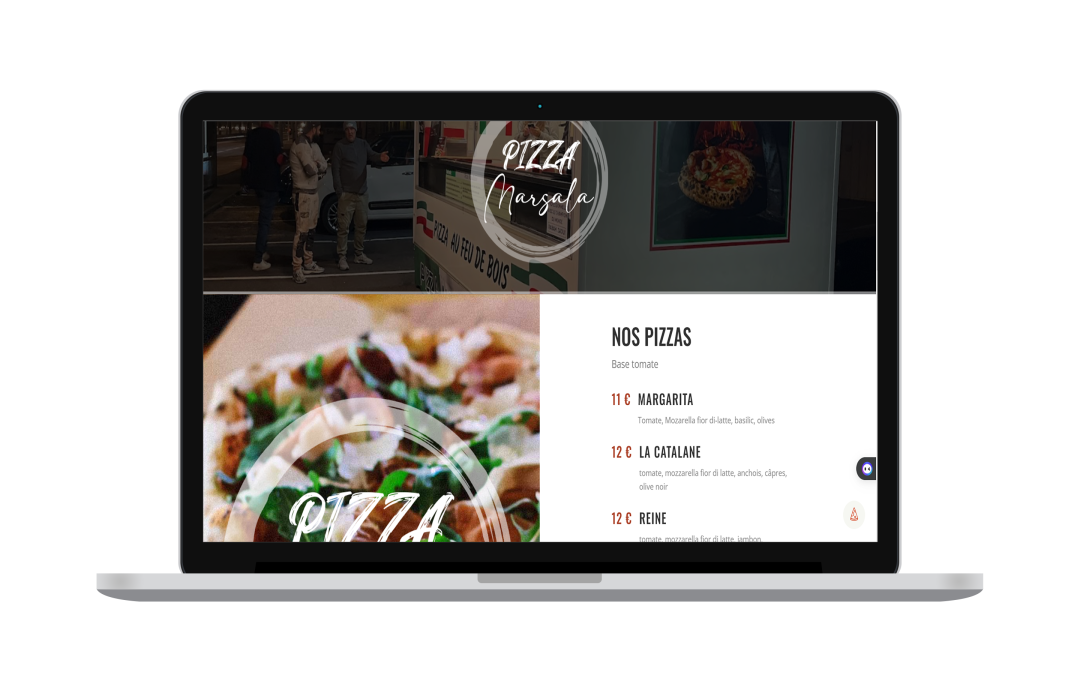 Ordinateur portable affichant un site web de pizzeria avec des images de pizzas, un menu détaillé et un design moderne, démontrant l’expertise de DigitalDuo66.fr en création de sites web.